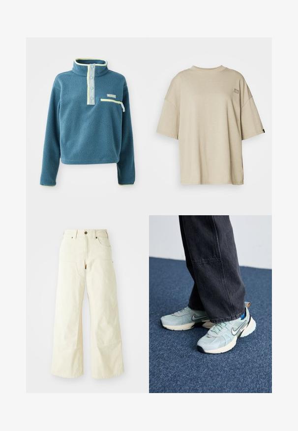 Teal fleecetrui met hoge kraag, voorzien van een vierknops knoopsluiting, een ritssluiting op de borst en lichtgroene accenten langs de kraag.; Beige oversized t-shirt van zacht katoen, met een minimalistisch ontwerp, ronde halslijn en een klein logo-patch op de borst.; Beige wijde broekspijpen van katoen, met een hoge taille, grote zijzakken en een gladde textuur met minimale stikdetails.; Lichtblauwe Nike sneakers van mesh met een textuurafwerking, zwarte swoosh en crèmekleurige tussenzool, gecombineerd met donkergrijze wijde broek.