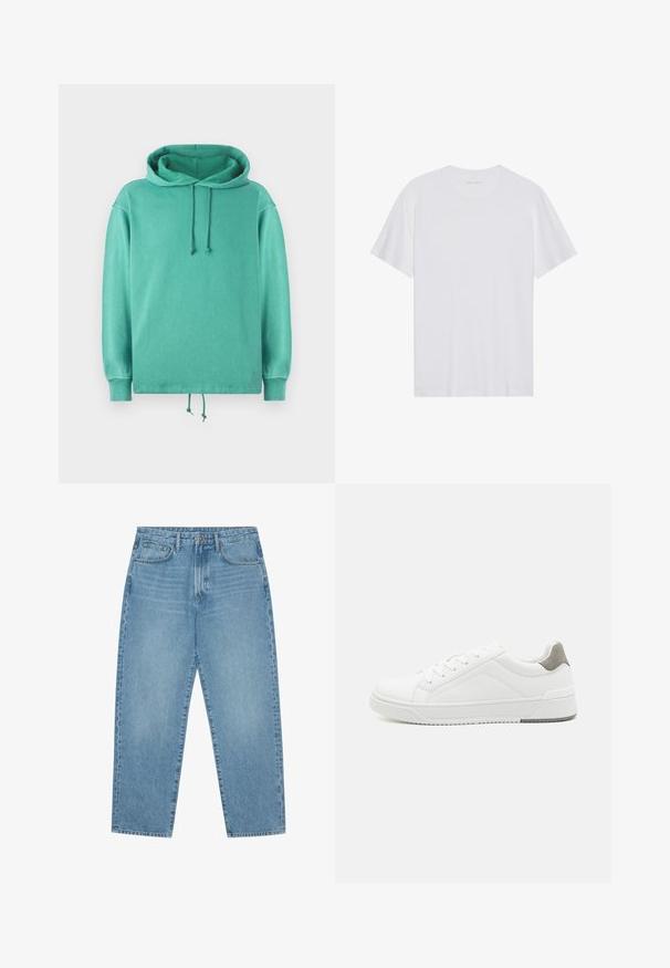 Mintgrøn hoodie lavet af blødt stof med en afslappet pasform, der har en rummelig halsudskæring, snore og ribbede ærmer.; Hvid bomulds T-shirt med korte ærmer, rund hals og en glat tekstur. Har minimal branding på halsudskæringen.; Lyseblå denimjeans med lige ben, fem-lomme design og en let falmet struktur. Indeholder knap- og lynlåslukning.; Hvid sneaker lavet af glat læder, rund tå, minimalistisk design, grå hælafsats og tekstureret gummisål.