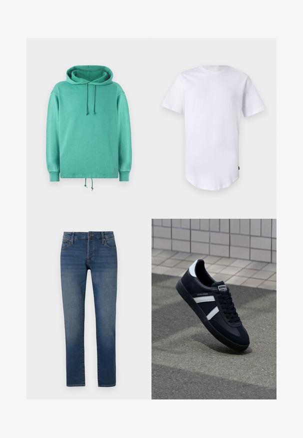Mintgrøn hoodie lavet af blødt stof med en afslappet pasform, der har en rummelig halsudskæring, snore og ribbede ærmer.; Hvid kortærmet t-shirt lavet af bomuld. Rund halsudskæring med en buet kant. Etiket synlig på nederste venstre side. Glat tekstur.; Slim-fit blå jeans med let falming på lårene, fem-lomme design, knaplukning og lige benudskæring på en hvid baggrund.; Sort lædersneaker med hvide striber, tekstureret gummisål og snørrebånd foran. Har et brandet mærke på tungen.