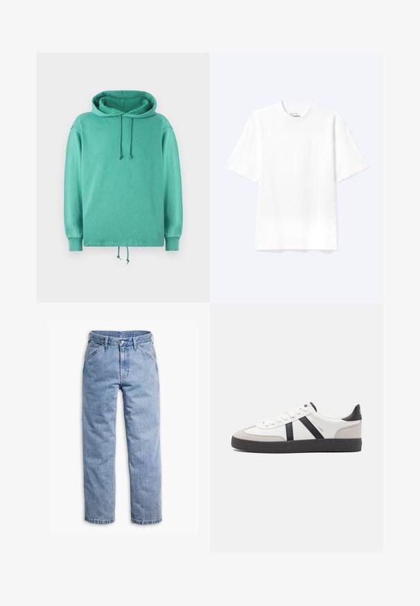 Mintgrøn hoodie lavet af blødt stof med en afslappet pasform, der har en rummelig halsudskæring, snore og ribbede ærmer.; Enkel hvid T-shirt med korte ærmer og rund hals med afslappet pasform, vist på en lys baggrund.; Lyseblå straight-leg denimjeans med forreste knap- og lynlås, bæltestropper og skrå forlommer.; Hvide sneakers med sorte og grå detaljer, med en tekstureret grå tåhætte, sort gummisål og flade hvide snørebånd. Rent design, minimalistisk stil.