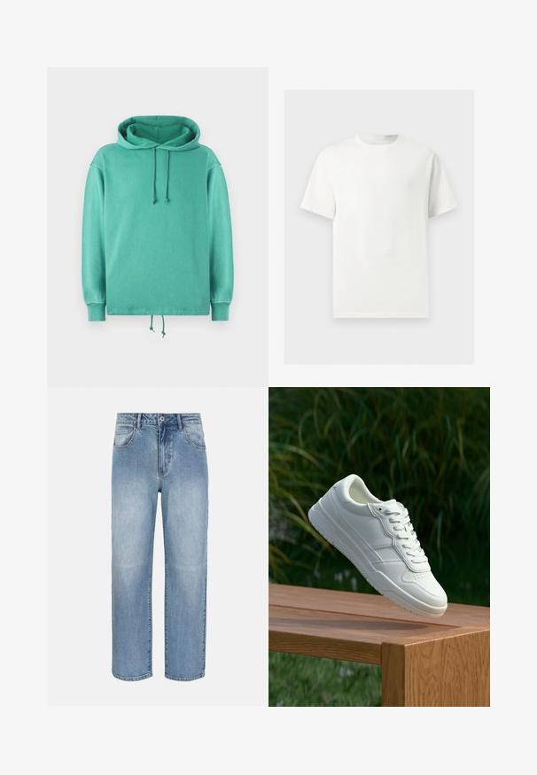 Mintgroene hoodie van zachte stof met een relaxte pasvorm, voorzien van een ruime halslijn, koordjes en geribde manchetten.; Effen wit T-shirt met korte mouwen en ronde hals, weergegeven op een lichtgrijze achtergrond.; Lichtblauwe jeans met rechte pijpen, voorzien van een frontknopenrij, ritssluiting, lussen voor een riem en voorzakken, afgebeeld op een witte achtergrond.; Witte leren sneaker met een gladde textuur, voorzien van een geperforeerd ontwerp, klassieke vetersluiting en rubberen zool, gepositioneerd boven een houten oppervlak.