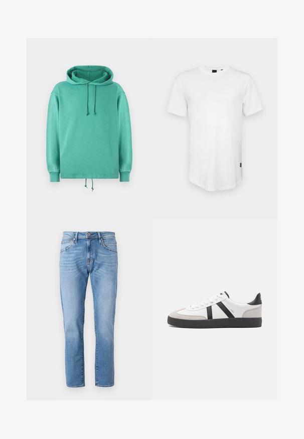 Mintgrøn hoodie lavet af blødt stof med en afslappet pasform, der har en rummelig halsudskæring, snore og ribbede ærmer.; Hvid kortærmet t-shirt lavet af bomuld, med rund halsudskæring og en let forlænget ryg, samt en lille logoaccent på siden.; Lyseblå denimjeans med lige ben, klassisk fem-pocket design, subtilt slid og en kontrastknaplukning i taljen.; Hvide sneakers med sorte og grå detaljer, med en tekstureret grå tåhætte, sort gummisål og flade hvide snørebånd. Rent design, minimalistisk stil.