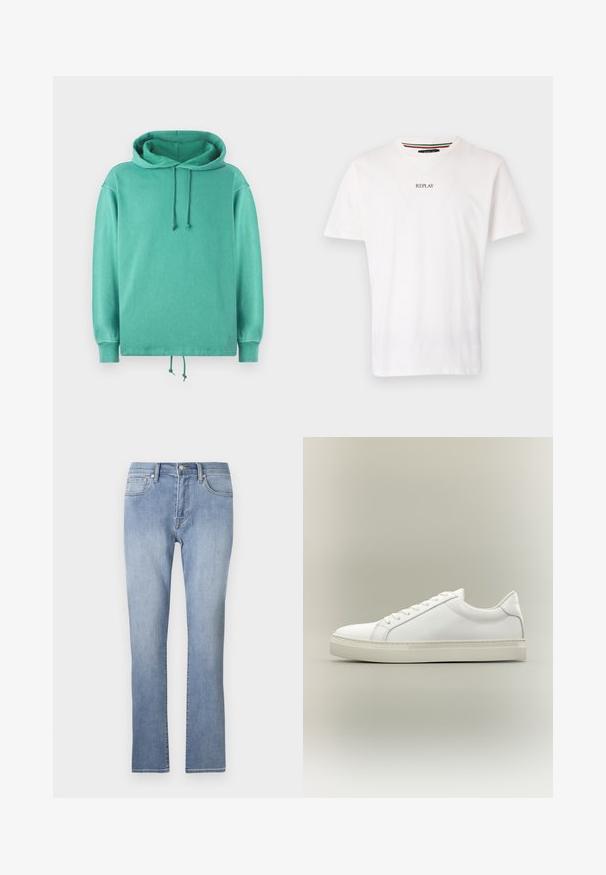 Mintgrøn hoodie lavet af blødt stof med en afslappet pasform, der har en rummelig halsudskæring, snore og ribbede ærmer.; Hvid bomulds t-shirt med v-hals, korte ærmer, og en lille "REPLAY" trykt på brystet. Glat tekstur, afslappet pasform.; Blå denimjeans med lige ben, der har lynlås-åbning, fem lommer og falmede detaljer på lårene.; Hvid lavtop sneaker med snørebånd foran og tyk sål, vist fra siden mod en neutral baggrund.