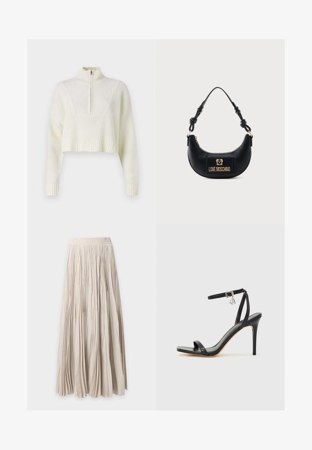 Cremefarvet cropped sweater med lynlås i halsen, ribbet tekstur og brede ærmer. Materialet ser blødt og strikket ud.; Lang beige plisseret nederdel med elastisk talje, flydende stof og fuld længde.; Sort hæl-sandal med smal ankrem, firkantet tå-boks, glat lædermateriale og metalspænde som pynt.; Sort halvmåneformet håndtaske med knyttet håndtag og guld "Love Moschino" logo plaque foran, lynlåslukning øverst.