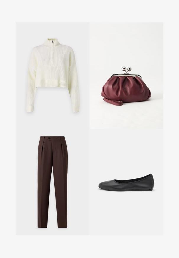Pull court de couleur crème avec un col zippé, texture côtelée et manches larges. Le matériau semble doux et tricoté.; Pantalon habillé marron foncé avec plis, jambes droites, poches latérales et fermeture à bouton à la taille, présenté sur un fond uni.; Ballerines en cuir noir avec un bout rond, texture lisse, détails de couture minimalistes et design de semelle flexible.; Petit sac pochette en cuir bordeaux avec fermoir métallique argenté et bracelet sur fond blanc.