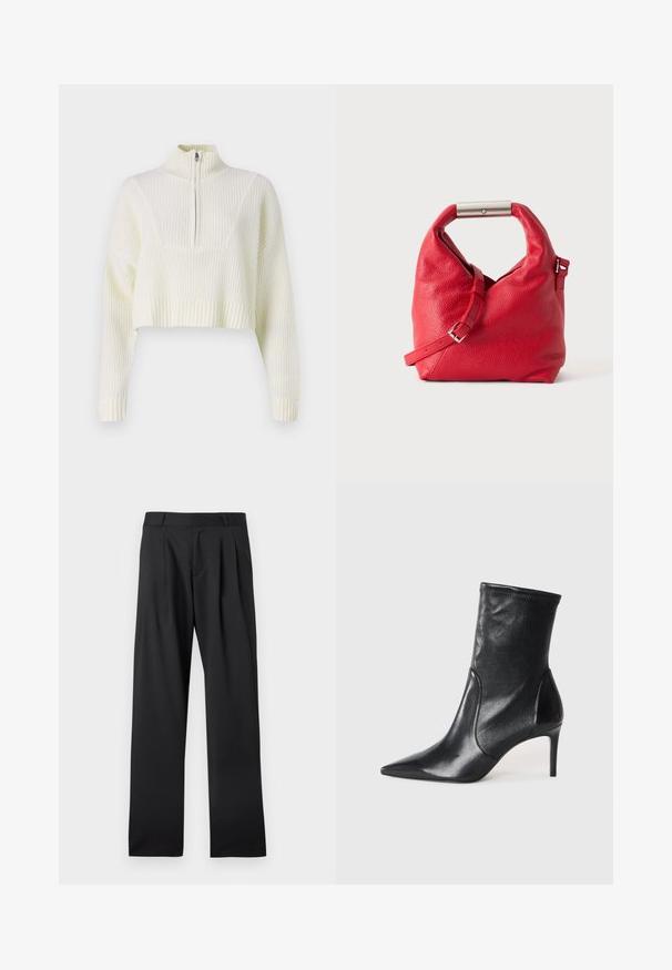 Pull court de couleur crème avec un col zippé, texture côtelée et manches larges. Le matériau semble doux et tricoté.; Pantalon habillé noir avec passants de ceinture et plis, coupe droite, posé à plat sur un fond blanc.; Bottes noires à la cheville en cuir lisse, dotées d'un bout pointu, d'un tige ajustée et d'un talon haut fin. Design minimaliste sans quincaillerie visible.; Sac à main en cuir rouge texturé avec une poignée barre en métal et une bandoulière réglable, présenté sur un fond blanc uni.