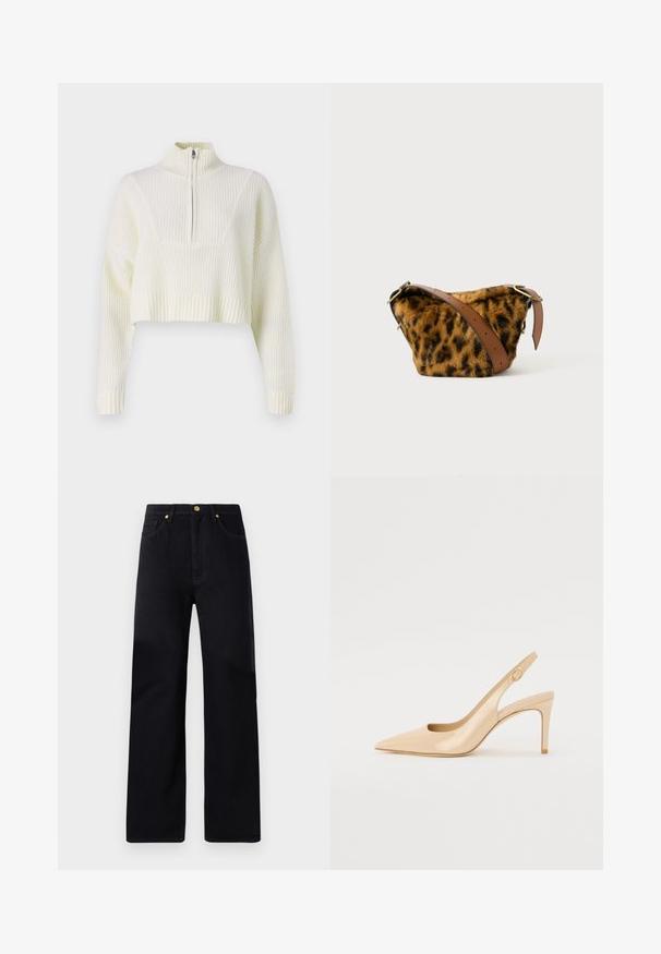 Pull court de couleur crème avec un col zippé, texture côtelée et manches larges. Le matériau semble doux et tricoté.; Pantalons en denim noir avec une coupe droite, dotés d'une taille haute, de cinq poches, de quincaillerie dorée et de détails de couture subtils.; Escarpin slingback en cuir verni nude avec un bout pointu, un décolleté ouvert et un talon aiguille fin. Comprend un accent doré circulaire sur la sangle.; Sac en fausse fourrure imprimé léopard avec une bandoulière en cuir marron, présentant une forme arrondie et des accents en métal doré.