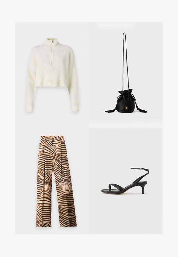 Pull court de couleur crème avec un col zippé, texture côtelée et manches larges. Le matériau semble doux et tricoté.; Pantalons à jambe large dans un motif zèbre beige et brun, avec des plis, une taille haute et une texture lisse et brillante.; Sandale pour femme en cuir noir avec fines lanières, une boucle d'orteil, une boucle à la cheville et un talon aiguille de hauteur moyenne sur un fond neutre.; Sac seau noir à cordon avec une longue sangle fine et un petit logo carré doré sur le devant, présenté sur un fond uni.