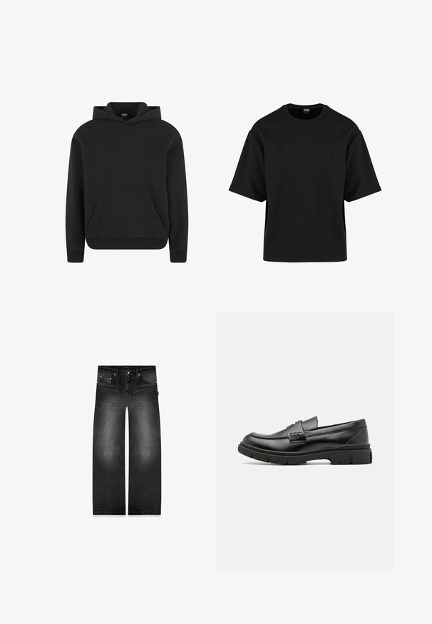 Zwarte pullover hoodie met voorzak en geribde boorden en zoom, afgebeeld op een witte achtergrond.; Urban Classics SCUBA TEE - T-shirt basic - black; Brede zwarte denim jeans met een vervaagde afwerking, vijf-pocketontwerp en subtiele stiksels op de tailleband en zakken.; Zwarte leren instapper met een brede band over de voet, rubberen zool met dikke noppen en een gladde textuur. Klassiek, strak ontwerp.