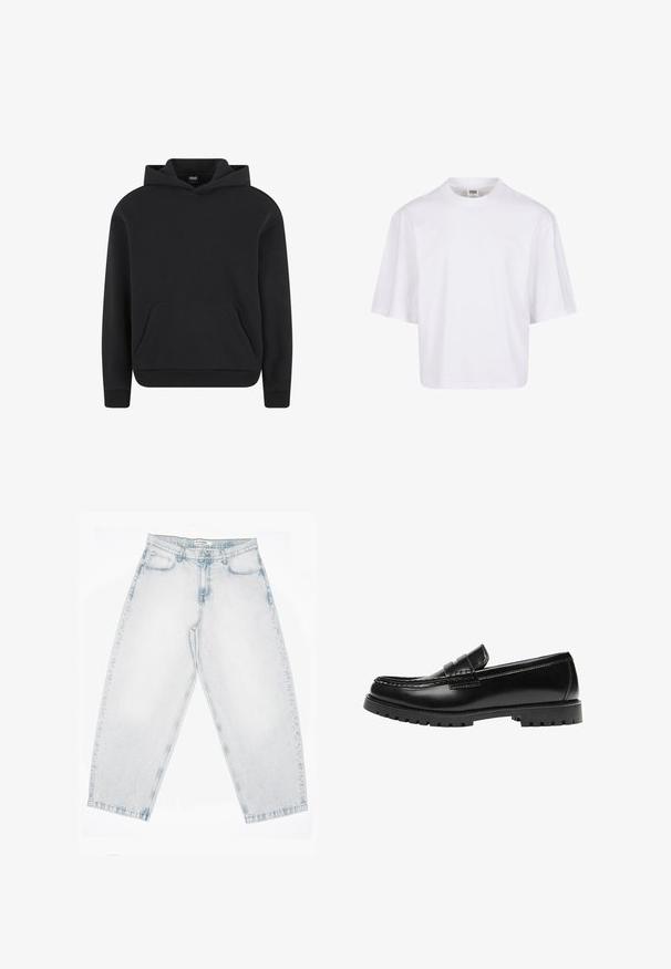 Sweat à capuche noir à enfiler avec poche kangourou devant et poignets et ourlet côtelés, présenté sur fond blanc.; T-shirt blanc à manches courtes avec un col rond et une coupe décontractée, fabriqué à partir d'un tissu en coton mélangé doux. Aucun motif ni embellissement.; Jean en denim délavé clair avec une taille haute, des jambes droites et larges, une fermeture à boutons et zip, ainsi que des poches à l'avant et à l'arrière.; Mocassin en cuir noir avec une semelle en caoutchouc épaisse et un détail classique de bride à monnaie, vu de côté extérieur.
