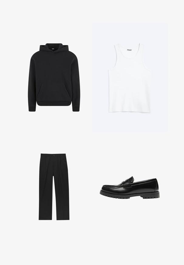 Sweat à capuche noir à enfiler avec poche kangourou devant et poignets et ourlet côtelés, présenté sur fond blanc.; Débardeur blanc sans manches avec col rond et étiquette de la marque Weekday à l'intérieur du col arrière, présenté à plat sur un fond clair.; Pantalons noirs au design droit, fabriqués à partir d'un tissu lisse. Dotés de plis sur le devant et d'une fermeture à un bouton à la taille.; Mocassin en cuir noir avec une semelle en caoutchouc épaisse et un détail classique de bride à monnaie, vu de côté extérieur.