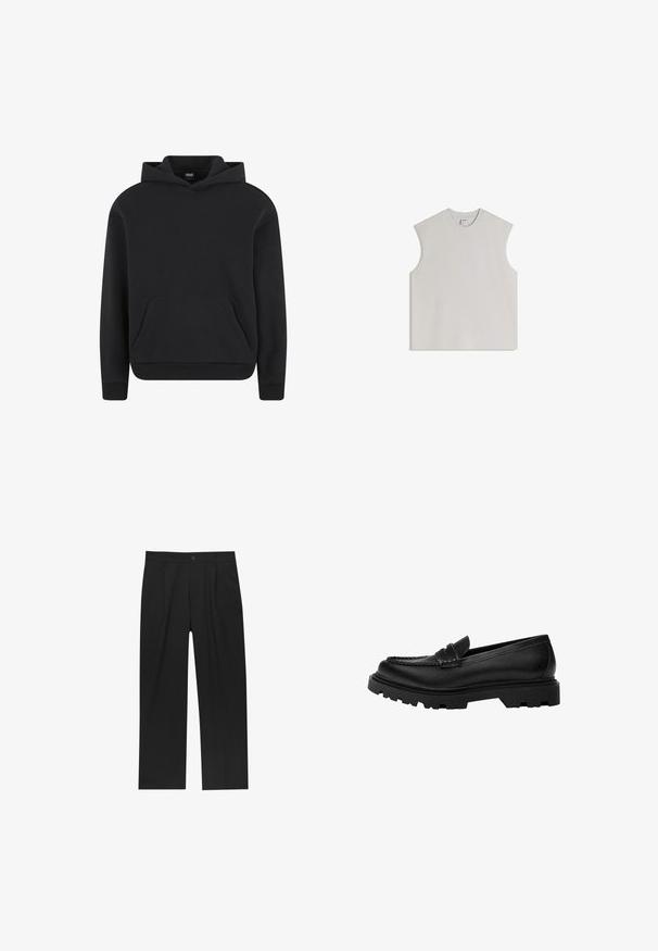 Sweat à capuche noir à enfiler avec poche kangourou devant et poignets et ourlet côtelés, présenté sur fond blanc.; Débardeur sans manches gris clair en coton doux, doté d'un col rond, d'une coupe décontractée et d'un design minimaliste sans ornements.; Pantalons noirs au design droit, fabriqués à partir d'un tissu lisse. Dotés de plis sur le devant et d'une fermeture à un bouton à la taille.; Mocassin en cuir noir avec une semelle robuste et texturée. Présente un bord décoratif en couture et un petit talon pour un design contemporain.