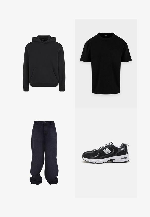 Sweat à capuche noir à enfiler avec poche kangourou devant et poignets et ourlet côtelés, présenté sur fond blanc.; T-shirt uni noir en coton à manches courtes, col rond et coupe régulière, présenté sur un fond gris clair.; Jeans baggy noirs oversize avec fermeture avant à boutons et fermeture éclair, poches avant et jambes larges et amples.; Baskets de sport noires et grises avec un tige en mesh et en suède, présentant une semelle intermédiaire blanche, des lacets et un logo "N" audacieux sur le côté.