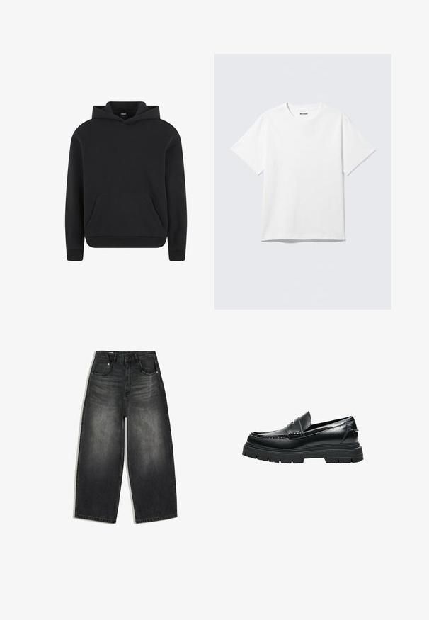 Sweat à capuche noir à enfiler avec poche kangourou devant et poignets et ourlet côtelés, présenté sur fond blanc.; T-shirt blanc à manches courtes et col rond, étalé à plat, design uni, avec l'étiquette "WEEKDAY" à l'intérieur du col sur un fond clair.; Jean en denim noir délavé à jambes larges avec poches avant et arrière, passants pour ceinture et fermeture par bouton à la taille.; Mocassin en cuir noir avec semelle épaisse à crampons et détail de bride penny, vu de profil sur fond blanc.