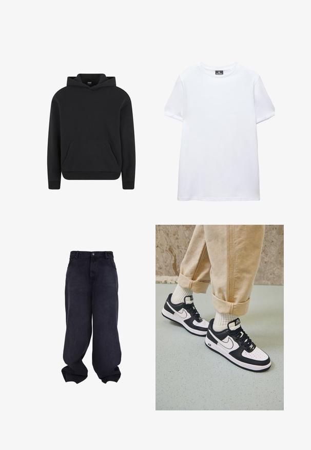 Zwarte pullover hoodie met voorzak en geribde boorden en zoom, afgebeeld op een witte achtergrond.; Effen wit T-shirt met korte mouwen en een ronde hals met een zwart Pull&Bear-label aan de binnenkant van de kraag, afgebeeld op een witte achtergrond.; Zwarte oversized baggy jeans met knoop- en ritssluiting aan de voorkant, voorzakken en losse, brede pijpen.; Zwart-witte Nike Air Force 1 sneakers met een leren bovenwerk, geperforeerde neus en gestructureerde zooldetails, gedragen met opgerolde beige broek en witte sokken.
