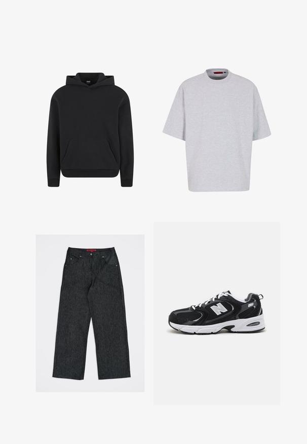 Zwarte pullover hoodie met voorzak en geribde boorden en zoom, afgebeeld op een witte achtergrond.; Lichtgrijs oversized t-shirt, korte mouwen, ronde halslijn, gemaakt van zachte stof, heeft een rechte zoom zonder patronen of versieringen.; Donkergrijze denim jeans met wijde pijpen, vijf zakken en een rood merklabel aan de binnenkant van de tailleband.; Zwarte en grijze sport schoenen met een bovenwerk van mesh en suede, voorzien van een witte tussenzool, veters en een gedurfde "N"-logo aan de zijkant.