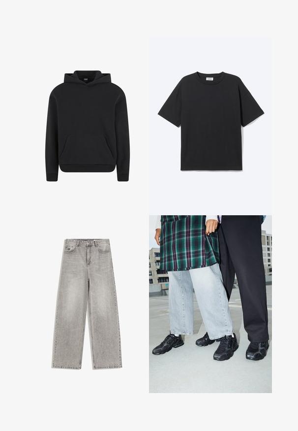 Sweat à capuche noir à enfiler avec poche kangourou devant et poignets et ourlet côtelés, présenté sur fond blanc.; T-shirt noir à manches courtes avec col rond, coupe décontractée, vue de face, design uni et étiquette de la marque Weekday visible à l’intérieur du col.; Jean gris à jambes larges avec taille haute, bouton avant, passants de ceinture et deux poches avant sur fond blanc.; Baskets de sport noires avec des accents en mesh et en caoutchouc. Portées avec un jean large gris clair et un haut à carreaux vert. Fond à surface plane.