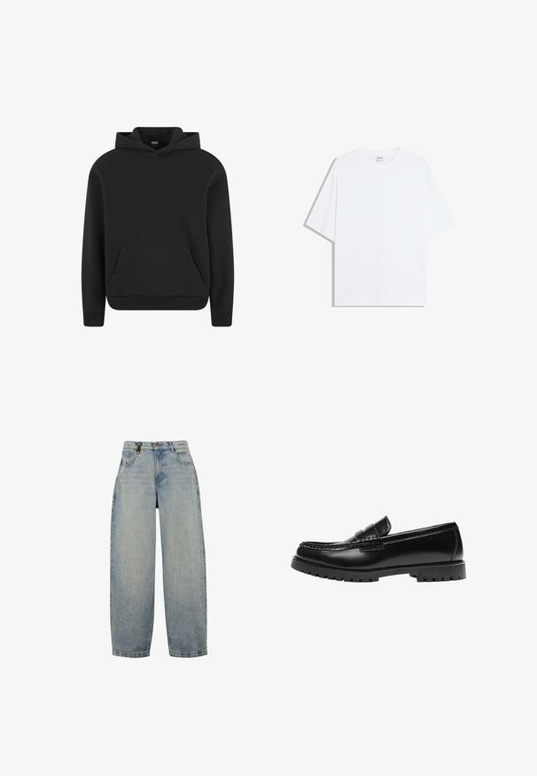 Zwarte pullover hoodie met voorzak en geribde boorden en zoom, afgebeeld op een witte achtergrond.; Wit oversized katoenen T-shirt met een ronde hals en korte mouwen; gladde textuur, zonder zichtbare patronen of accenten.; Lichtblauwe denim jeans met een ontspannen pasvorm, voorzien van een hoge taille, wijde pijpen, een klassiek vijf-pocket ontwerp en metalen hardware accenten.; Zwarte leren loafer met een dikke rubberen zool en klassieke penny-strap details, gezien vanaf de buitenkant.
