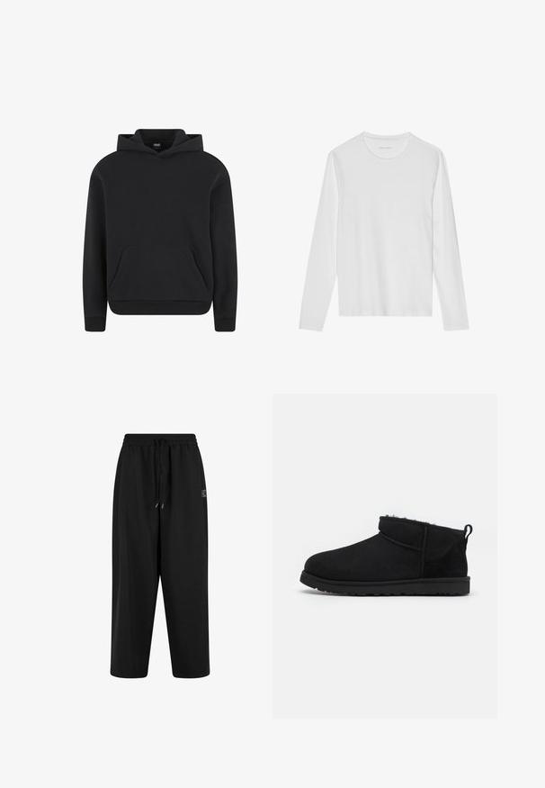 Zwarte pullover hoodie met voorzak en geribde boorden en zoom, afgebeeld op een witte achtergrond.; Wit T-shirt met lange mouwen gemaakt van zacht katoen, met een ronde halslijn en een gladde textuur zonder zichtbare patronen of accenten.; Zwarte trainingsbroek met een elastische tailleband en trekkoord. Gemaakt van zachte stof, met een comfortabele pasvorm en zijzakken.; Zwarte suède enkellaarsjes met een zachte, gestructureerde voering, een lage rubberen zool en een lus aan de achterkant voor gemakkelijk aantrekken.