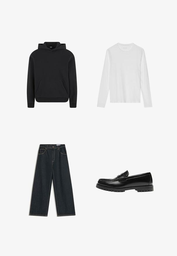 Sweat à capuche noir à enfiler avec poche kangourou devant et poignets et ourlet côtelés, présenté sur fond blanc.; T-shirt blanc à manches longues en coton doux, avec un col rond et une texture lisse sans motifs ni accents visibles.; Jean large bleu foncé avec bouton à l'avant, fermeture éclair, et design à cinq poches, avec des surpiqûres jaunes visibles.; Mocassin en cuir noir avec une semelle en caoutchouc épaisse et un détail classique de bride à monnaie, vu de côté extérieur.