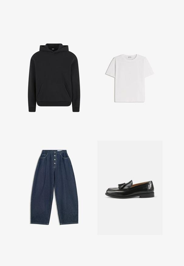 Sweat à capuche noir à enfiler avec poche kangourou devant et poignets et ourlet côtelés, présenté sur fond blanc.; T-shirt en coton blanc avec un col rond et des manches courtes. Présente une coupe classique et carrée, sans motifs ni accents visibles.; Pantalons en denim bleu foncé à jambes larges avec une taille haute, fermeture à cinq boutons et cinq poches. Présente des accents de couture sur les coutures.; Mocassins en cuir noir avec un accent de gland, un bout arrondi et une finition lisse. La semelle est plate avec un motif de trottoir minimal.