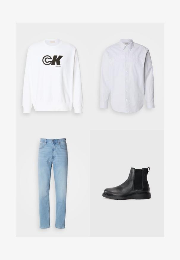 Biela mikina vyrobená z bavlny s čiernym potlačou loga Calvin Klein. Má okrúhly výstrih a rebrované manžety a dolný lem.; Biela košeľa s dlhými rukávmi vyrobená z ľanu s vertikálnymi modrými pruhmi, s gombíkovou prednou časťou a embosovaným logom "CALVIN KLEIN" na hrudi.; Svetlomodré džíny z denimu so strihom rovného strihu, piatimi vreckami a pútkami na opasok. Textil má hladkú štruktúru s jemným efektom vyblednutia.; Čierne kožené chelsea čižmy s textúrovaným povrchom, elastickými bočnými panelmi a pevným gumovým podpätkom. Diskrétny branding na päte.
