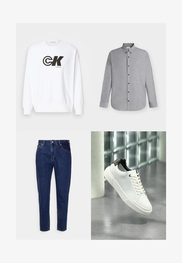 Biela mikina vyrobená z bavlny s čiernym potlačou loga Calvin Klein. Má okrúhly výstrih a rebrované manžety a dolný lem.; Svetlosivá košeľa s dlhým rukávom na gombíky s golierom na gombíky a malým vyšívaným logom "cK" na ľavej strane hrudníka.; Tmavomodré rifľové nohavice rovného strihu s predným zapínaním na gombík a zips, s pútkami na opasok a prednými aj zadnými vreckami.; Biela nízka teniska s čiernou textúrovanou pätkou, bielymi šnúrkami a hrubou podrážkou na leštenej betónovej podlahe pri sklenených blokoch.