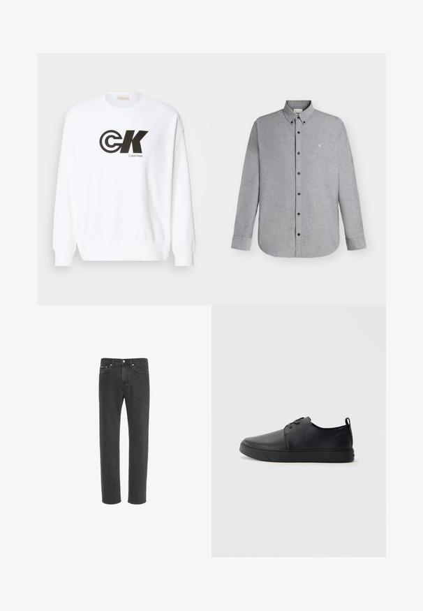 Hvid sweatshirt lavet af bomuld med et sort Calvin Klein-logotryk. Den har en rund halsudskæring og ribben ved ærmerne og i bunden.; Lysegrå skjorte med lange ærmer, knapper foran og knaplukket krave samt det lille "cK" logo broderet på venstre bryst.; Sorte jeans med lige ben i denim med knap- og lynlås-lukning foran, for- og baglommer, vist på hvid baggrund.; Sorte lædersneakers med en glat finish, rund tå, tonalt syning, snøring foran og en flad gummisål. Løkke ved hælen.