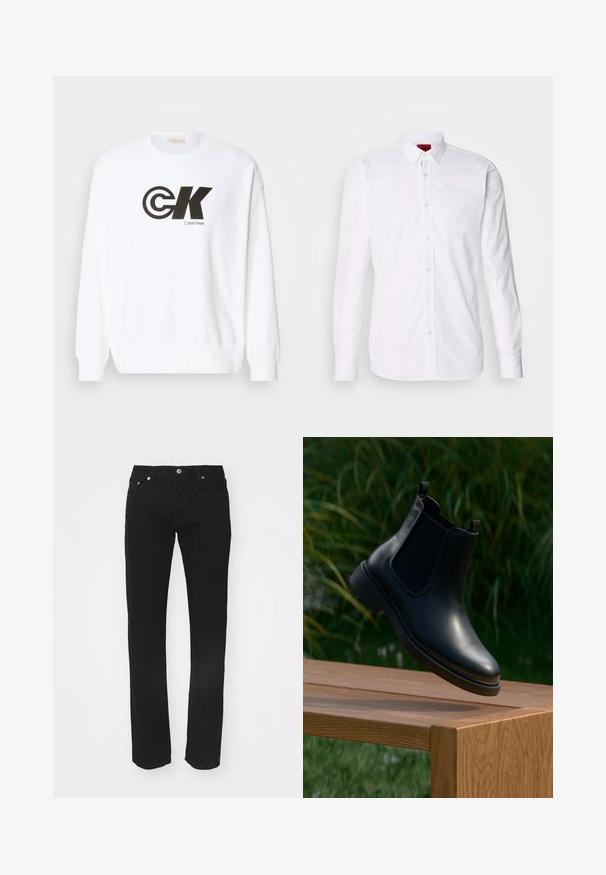 Hvid sweatshirt lavet af bomuld med et sort Calvin Klein-logotryk. Den har en rund halsudskæring og ribben ved ærmerne og i bunden.; Hvid skjorte med lange ærmer, knap-front og klassisk krave, fremstillet i en blød bomulds kvalitet.; Sorte denimjeans med lige ben, fem-lomme design og metalknaplukning i taljen. Glat tekstur, ingen synlige mønstre.; Sort læder ankelstøvle med elastiske sidepaneler, der svæver over en træbænk, med grønne planter i baggrunden.