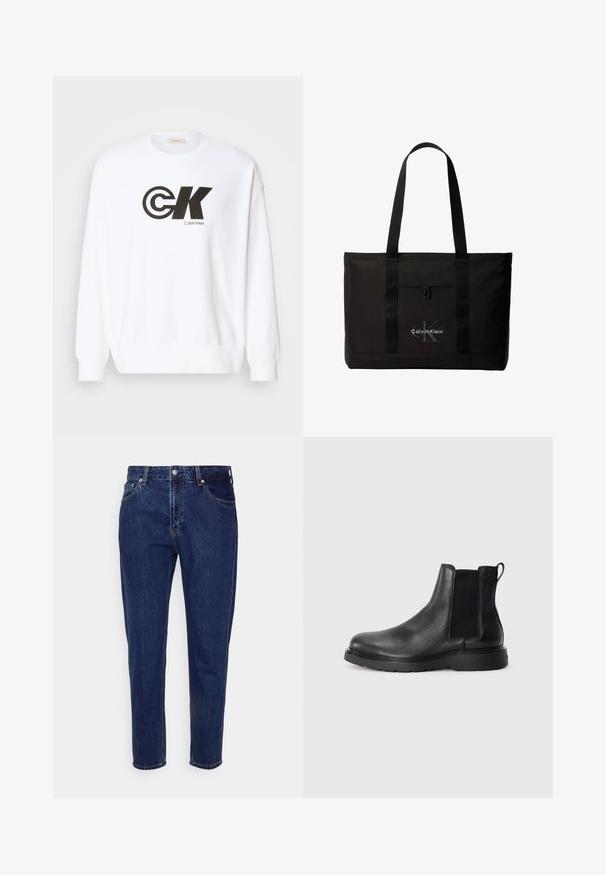 Biela mikina vyrobená z bavlny s čiernym potlačou loga Calvin Klein. Má okrúhly výstrih a rebrované manžety a dolný lem.; Tmavomodré rifľové nohavice rovného strihu s predným zapínaním na gombík a zips, s pútkami na opasok a prednými aj zadnými vreckami.; Čierne kožené chelsea čižmy s textúrovaným povrchom, elastickými bočnými panelmi a pevným gumovým podpätkom. Diskrétny branding na päte.; Čierna taška Calvin Klein typu tote s dvoma dlhými rúčkami a predným vreckom, s logom značky v bielej a sivej farbe.