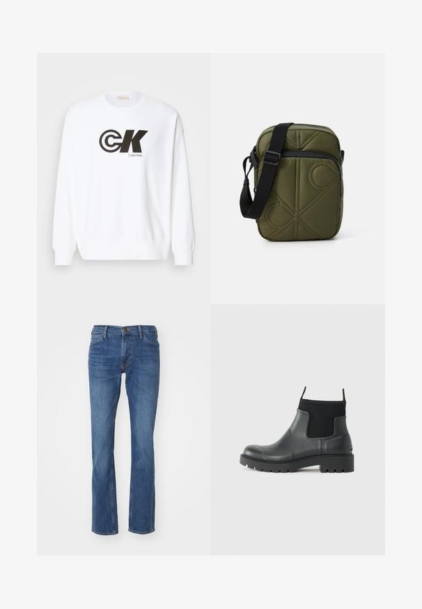 Weißes Sweatshirt aus Baumwolle mit schwarzem Calvin Klein Logo-Druck. Es hat einen Rundhalsausschnitt sowie gerippte Bündchen und Saum.; Bootcut-Blue-Jeans aus Denim mit mittelhoher Taille, fünf Taschen und dezenten Verwaschungen an den Beinen.; Schwarze Knöchelstiefel aus Gummi mit matter Oberfläche, die ein schlankes Design, elastische Einsätze und eine robuste Sohle für bessere Bodenhaftung bieten.; Olivgrüne Umhängetasche mit gestepptem Muster, schwarzem Tragegurt, rechteckiger Form und Reißverschluss. Strukturierter Stoff mit dezentem Logodetail.