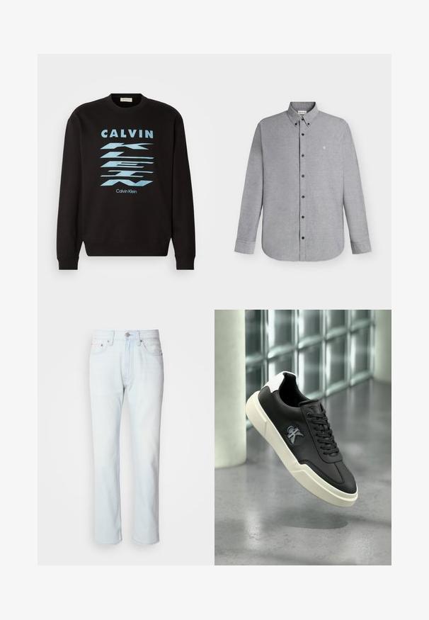 Čierna mikina s okrúhlym výstrihom, s modrou grafickou potlačou a textom "CALVIN KLEIN". Rúbkové manžety a lem. Jemný materiál.; Svetlosivá košeľa s dlhým rukávom na gombíky s golierom na gombíky a malým vyšívaným logom "cK" na ľavej strane hrudníka.; Svetlomodré riflové nohavice so strihom rovného nohavice. Majú gombíkový uzáver a pútka na opasok, pričom preukazujú vyblednutú štruktúru a minimálne šitie.; Čierna teniska s bielou podrážkou a pätovou záložkou, s vystupujúcim logom "ck" na boku, zobrazená na pozadí sivého lešteného podlahy a steny z sklenených tehál.