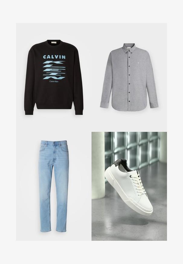 Čierna mikina s okrúhlym výstrihom, s modrou grafickou potlačou a textom "CALVIN KLEIN". Rúbkové manžety a lem. Jemný materiál.; Svetlosivá košeľa s dlhým rukávom na gombíky s golierom na gombíky a malým vyšívaným logom "cK" na ľavej strane hrudníka.; Svetlomodré džíny z denimu so strihom rovného strihu, piatimi vreckami a pútkami na opasok. Textil má hladkú štruktúru s jemným efektom vyblednutia.; Biela nízka teniska s čiernou textúrovanou pätkou, bielymi šnúrkami a hrubou podrážkou na leštenej betónovej podlahe pri sklenených blokoch.