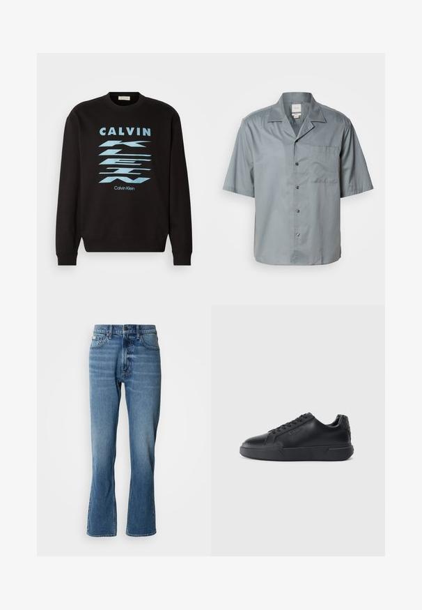 Čierna mikina s okrúhlym výstrihom, s modrou grafickou potlačou a textom "CALVIN KLEIN". Rúbkové manžety a lem. Jemný materiál.; Kraťasová košeľa na gombíky z jemne šedej tkaniny s hladkým povrchom, s náprsnom vreckom a klasickým golierom.; Svetlo modré denimové rifle s rovnými nohavicami a jemným rozšírením. Majú päť vreciek, zapínanie na gombík a jemné detaily zohybovania.; Čierne tenisky s hladkým koženým zvrškom, zaoblenou špičkou, šnurovaním, textúrovaným detailom na päte a silnou gumovou podrážkou.