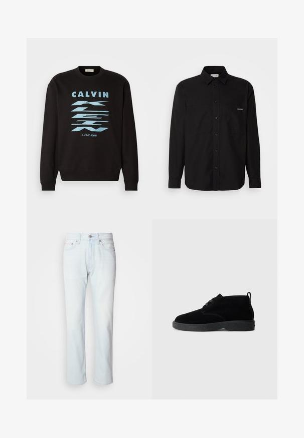 Schwarzer Sweatshirt mit Rundhalsausschnitt, versehen mit einem blauen grafischen Design und dem Text "CALVIN KLEIN." Gerippte Bündchen und Saum. Weicher Stoff.; Schwarzes Langarmhemd aus Baumwolle mit einem Knopfverschluss, zwei Brusttaschen und einem kleinen Logo auf der linken Tasche.; Hellblaue Jeans mit geradem Bein. Verfügt über einen Knopfverschluss und Gürtelschlaufen, präsentiert eine ausgebleichte Textur und minimale Nähte.; Schwarze Wildleder-Stiefeletten mit runder Zehenpartie, Schnürdesign, schwarzem Gummisohle und einem Zugband an der Rückseite für einfaches An- und Ausziehen.