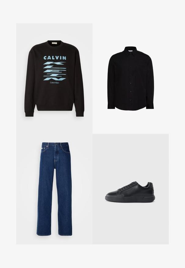 Čierna mikina s okrúhlym výstrihom, s modrou grafickou potlačou a textom "CALVIN KLEIN". Rúbkové manžety a lem. Jemný materiál.; Čierna košeľa s dlhým rukávom na gombíky vyrobená z hladkej tkaniny. Má klasický golier, zapínanie na prednej strane a malé logo na hrudi.; Tmavomodré džínsy s širokým strihom, s gombíkovým zapínaním a klasickým piatym vreckovým dizajnom. Tkanina má hladkú textúru.; Čierne tenisky s hladkým koženým zvrškom, zaoblenou špičkou, šnurovaním, textúrovaným detailom na päte a silnou gumovou podrážkou.