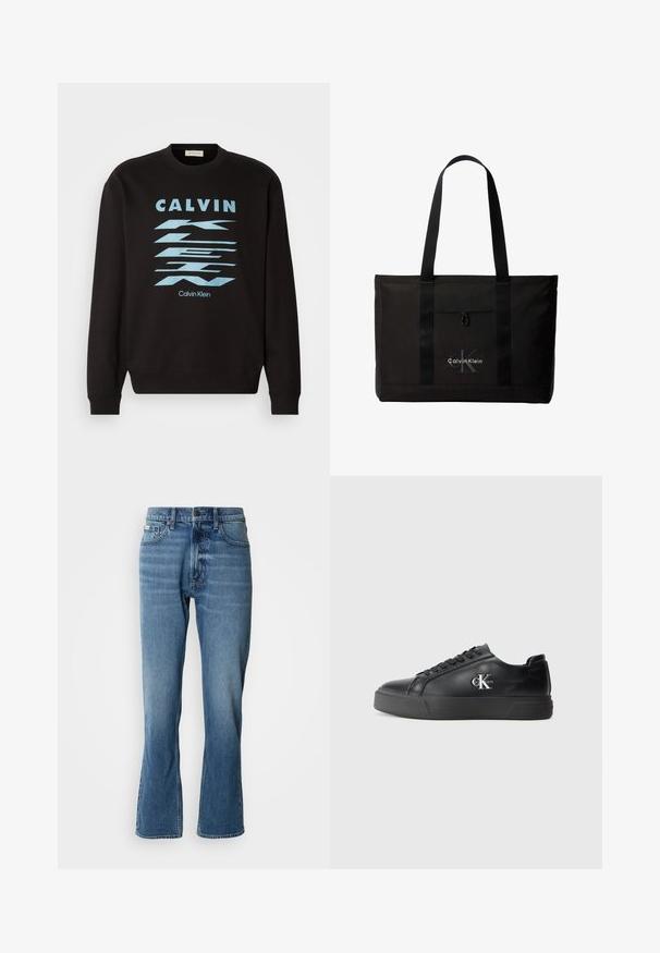 Čierna mikina s okrúhlym výstrihom, s modrou grafickou potlačou a textom "CALVIN KLEIN". Rúbkové manžety a lem. Jemný materiál.; Svetlo modré denimové rifle s rovnými nohavicami a jemným rozšírením. Majú päť vreciek, zapínanie na gombík a jemné detaily zohybovania.; Čierne kožené tenisky s okrúhlou špičkou, plochou čiernou podrážkou a tonálnym šnurovaním. Ozdobené strieborným logom na boku, hladký povrch po celom obvode.; Čierna taška Calvin Klein typu tote s dvoma dlhými rúčkami a predným vreckom, s logom značky v bielej a sivej farbe.