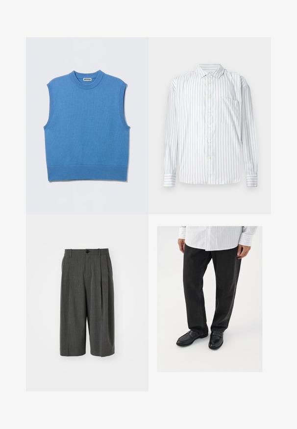 Veste-pull sans manches en tricot bleu avec col rond et bords côtelés, posée à plat sur un fond gris clair.; Chemise à manches longues avec boutons en blanc, dotée de fines rayures verticales rouges, texture douce, col pointu et une poche sur la poitrine gauche.; Shorts larges à rayures gris avec fermeture à bouton et plissé à l'avant. Fabriqués à partir d'un tissu texturé, présentant un design ajusté.; Pantalons en denim noir associés à des mocassins noirs brillants. La chemise est blanche avec de fines rayures verticales, avec des manches longues et un col boutonné.