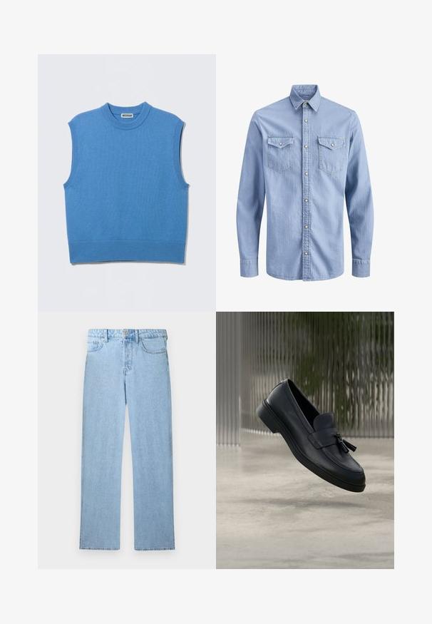 Veste-pull sans manches en tricot bleu avec col rond et bords côtelés, posée à plat sur un fond gris clair.; Chemise en denim bleu clair à manches longues avec boutons-pressions, col pointu et deux poches poitrine à rabat avec fermetures à bouton.; Jean denim bleu clair taille haute avec jambe droite, fermeture à bouton et zip à l'avant, et design à cinq poches sur fond blanc.; Mocassins en cuir noir avec une texture lisse, un bout arrondi et des pampilles décoratives à l'avant. Semelle en caoutchouc flexible avec un petit talon.