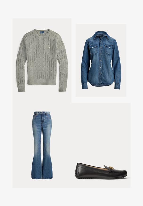 Lysegrå kabelstrikket sweater med lange ærmer, rund hals, ribbet manchetter og kant samt lille broderet logo på brystet.; Langærmet blå denimskjorte med perleknapper, to brystlommer med klap og spids krave fra Polo Ralph Lauren.; Højtaljede blå jeans i denim med klokkeformede ben og let falmet område foran på låret, vist mod hvid baggrund.; Sort læderloafer med guldbeslag og gummisåle med nitter, vist fra siden på hvid baggrund.