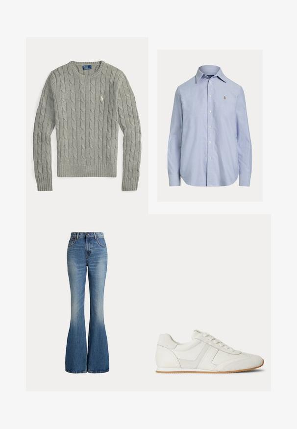 Jersey de punto trenzado de color gris claro, con mangas largas, cuello redondo, puños y bajo acanalados, y pequeño logo bordado en el pecho.; Camisa azul clara de manga larga con botones, cuello puntiagudo y pequeño logo bordado en el pecho izquierdo.; Vaqueros de mezclilla azul de talle alto con piernas acampanadas y ligero desgaste en la zona delantera del muslo, mostrados sobre fondo blanco.; Zapatilla blanca de corte bajo con cordones en la parte frontal, paneles de ante y cuero, y una suela de goma marrón claro sobre un fondo blanco.