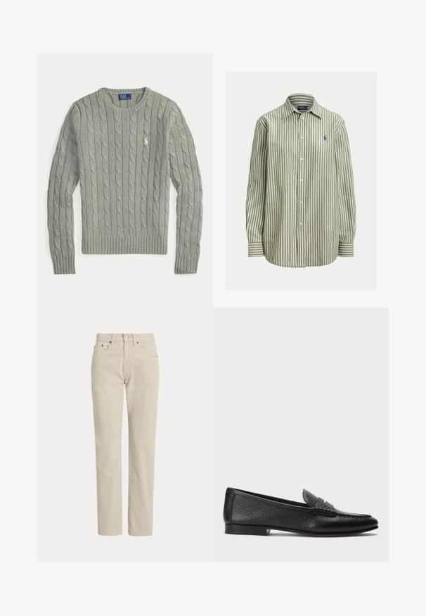 Jersey de punto trenzado de color gris claro, con mangas largas, cuello redondo, puños y bajo acanalados, y pequeño logo bordado en el pecho.; Camisa de botones con rayas verdes y blancas, tejido de algodón, mangas largas, cuello clásico, con logo en azul marino en el pecho izquierdo, puños lisos.; Pantalones de pana beige de corte recto con trabillas para cinturón, botón delantero, cremallera y bolsillos delanteros.; Mocasin de cuero negro con acabado texturizado, que cuenta con una correa decorativa y tacón plano. Diseño elegante y minimalista con punta redondeada.