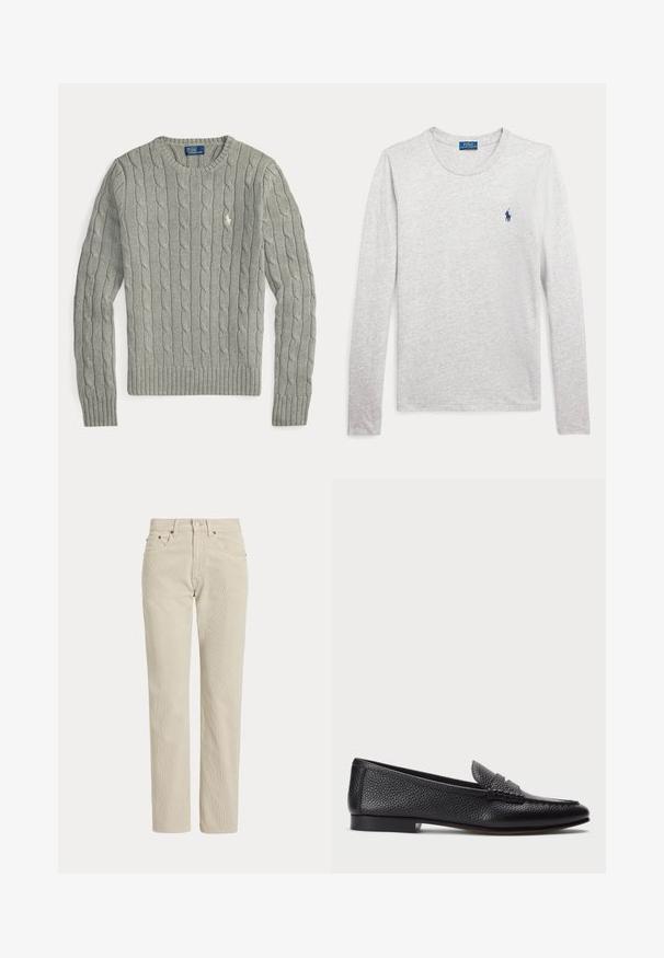 Lysegrå kabelstrikket sweater med lange ærmer, rund hals, ribbet manchetter og kant samt lille broderet logo på brystet.; Lysegrå langærmet T-shirt med rund hals og blå Polo Ralph Lauren-logo broderet på venstre bryst.; Beige, lige-benede fløjlsbukser med bæltestropper, frontknap, lynlås og frontlommer.; Sorte læder loafers med struktureret finish, der har en dekorativ rem og flad hæl. Slank, minimalistisk design med rund tå.