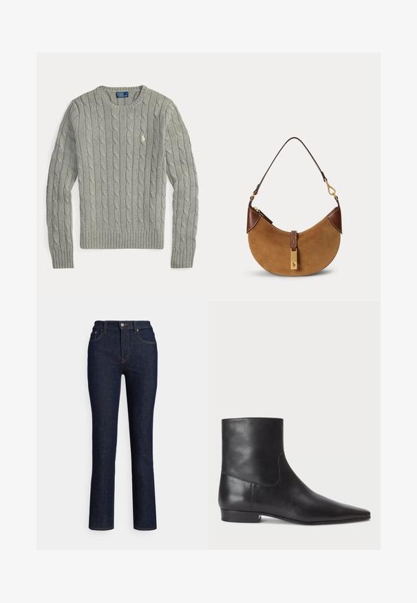 Lysegrå kabelstrikket sweater med lange ærmer, rund hals, ribbet manchetter og kant samt lille broderet logo på brystet.; Mørkeblå denimjeans med lige ben, høj talje, diskrete syningsdetaljer og en klassisk fem-lomme-stil.; Polo Ralph Lauren CALFSKIN ANKLE BOOT - Støvletter - black; Brun ruskind halv-måne taske med mørkebrune læderdetaljer, guldfarvet hardware og kort skulderrem.
