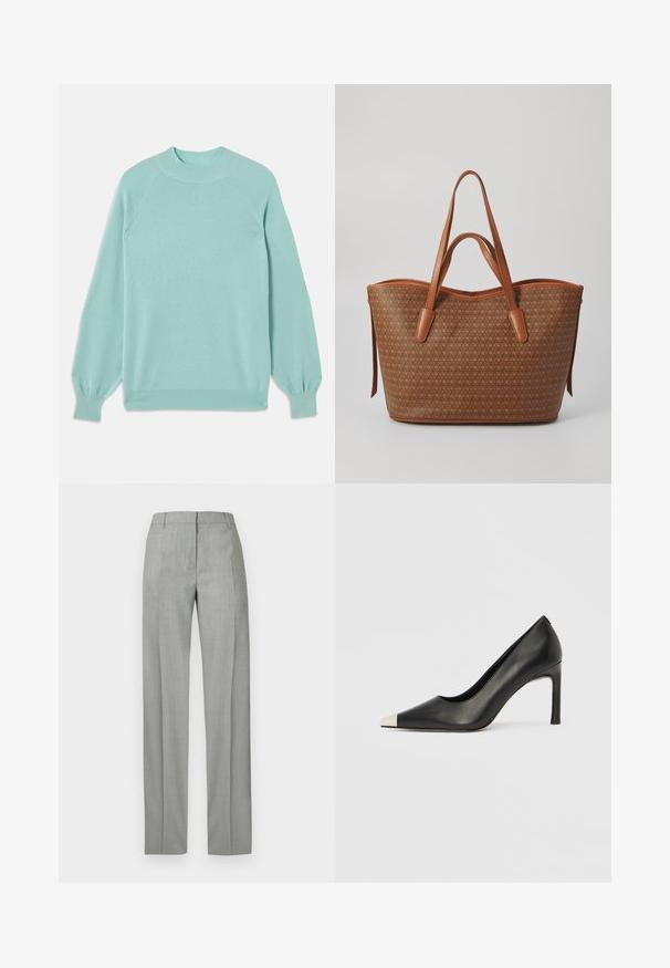 Pull léger en teal, tissu tricoté, encolure ras du cou, manches raglan, poignets ajustés. Texture lisse sans motifs ni ornements visibles.; Pantalon gris clair avec une texture lisse, coupe droite et ajustée. Il présente un devant plat et une ceinture avec passants pour ceinture.; Chaussure à talon haut en cuir noir avec bout pointu et capuchon argenté métallique. Présente une finition lisse et un talon fin de 10 cm.; Sac fourre-tout marron en cuir texturé avec un motif répétitif, doté de deux poignées solides et d'un design à ouvert.