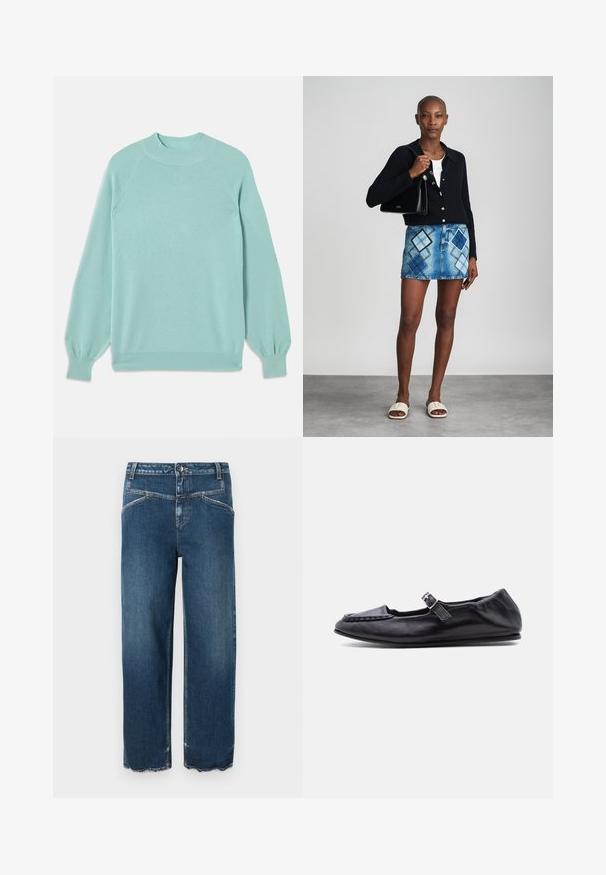 Pull léger en teal, tissu tricoté, encolure ras du cou, manches raglan, poignets ajustés. Texture lisse sans motifs ni ornements visibles.; CLOSED STOVER - Jean boyfriend - dark blue; Chaussure plate en cuir noir avec une petite bride à boucle sur le dessus et un bout arrondi cousu.; Un cardigan en maille noir, un haut blanc, une jupe en denim avec un motif de diamants bleus et noirs, un sac à main noir et des sandales à enfiler beiges.