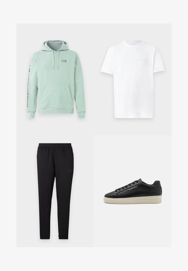Mintgroene hoodie van een katoenen mengsel, met een voorzak, een capuchon met koord en zwarte logo-tekst langs de mouw.; Witte katoenen t-shirt met korte mouwen, ronde halslijn, met een subtiele grijze logo-afdruk op de linkerkant van de borst en een gladde textuur.; Zwarte joggingsbroek van zacht weefsel, met een elastische tailleband, nauwsluitende boorden en een klein logo op de zijkant gedrukt.; Zwarte leren sneaker met een gladde afwerking, contrasterende crèmekleurige zool, ronde neus, gouden logo aan de zijkant en zes gaatjes voor veters.