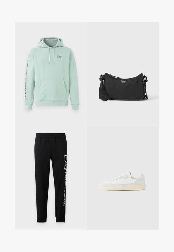 Mintgroene hoodie van een katoenen mengsel, met een voorzak, een capuchon met koord en zwarte logo-tekst langs de mouw.; Zwarte sweatpants van een katoenmix, met een elastische tailleband, taps toelopende benen, ribgebreide boorden en een wit logo-opdruk langs de zijkant.; Witte sneaker met een bovenwerk van gestructureerd suède en leer. Voorzien van een afgeronde neus, vetersluiting en een contrasterende beige rubberen zool.; Zwarte rechthoekige crossbodytas met zilveren merklogo-embleem en verstelbare band op een lichte achtergrond.