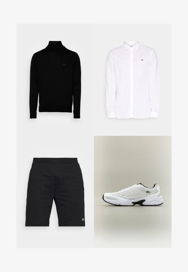Sort turtleneck sweater, ribbet tekstur, lange ærmer, tætsiddende design, diskret Lacoste-logo på brystet, materialet er af mellemvægtigt strik.; Hvid langærmet skjorte lavet af bomuld, med krave der kan knappes ned, et grønt broderet logo på venstre bryst og lige manchetter.; Sorte bomulds shorts med elastisk talje og et lille grønt logo som accent. Har en lige snit og en glat tekstur.; Hvide atletiske sko med tekstureret mesh-overdel, buet design og kontrasterende sort ydersål. Har en grøn broderet logo på siden.