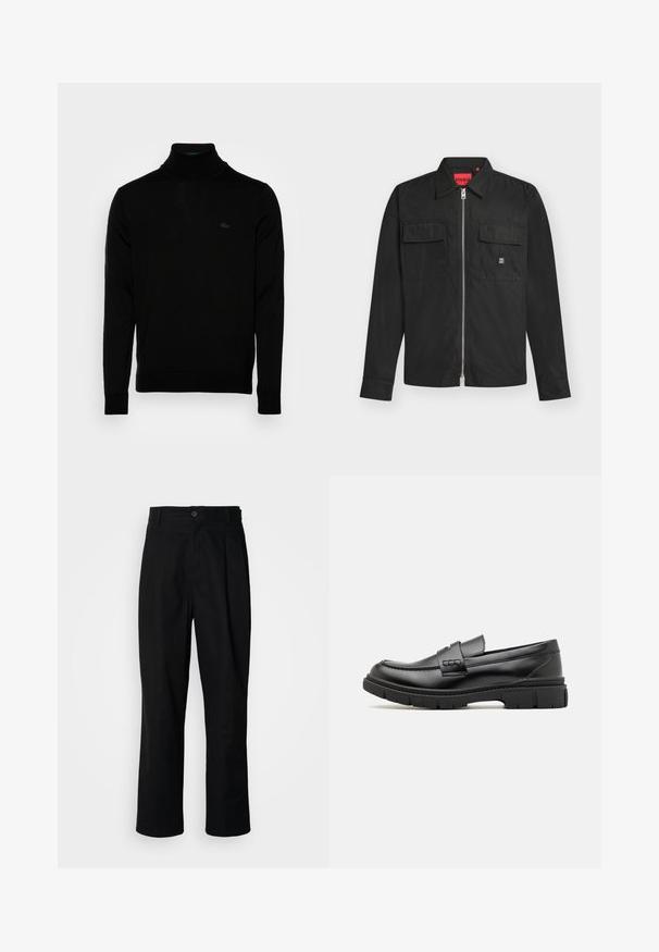 Čierny rolák, rebrovaná textúra, dlhé rukávy, priliehavý strih, diskrétne logo Lacoste na hrudi, stredne ťažký pletený materiál.; Čierna bunda na zips s dlhým rukávom, golierom, dvoma prednými vreckami s klopou a viditeľným logom HUGO na pravom vrecku.; Čierne nohavice s rovnými nohavicami, s gombíkovým pásom, pútkami na opasok a predným záhybom, vystavené na jednoduchej bielej pozadí.; Čierne kožené mokasíny so širokým pásikom cez priehlavok, gumová podrážka s hrubým dezénom a hladký povrch. Klasický, elegantný dizajn.